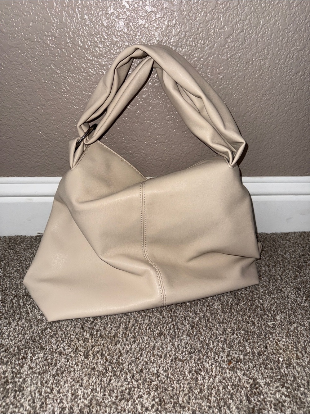 BCBG Cream Pleated-Top Shoulder Hobo Bag